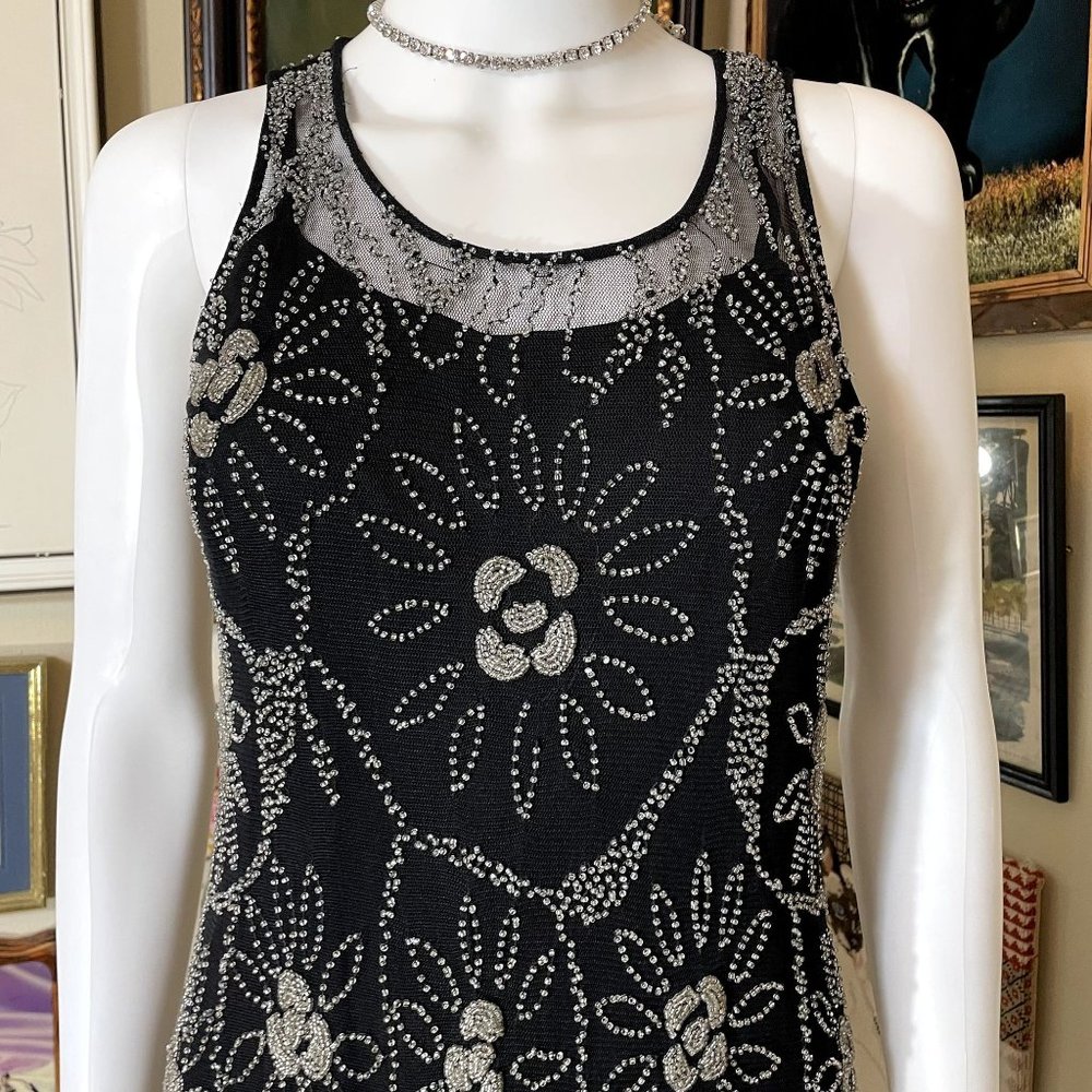 Papell Boutique Evening Black Sleeveless 20's Style Dress with all Over Beading - Picture 2 of 10